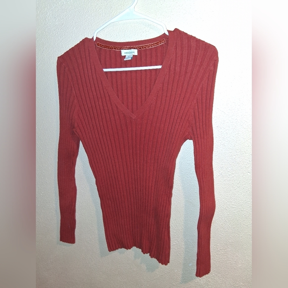 Sundance Ribbed Knit V Neck Sweater Orange Organic Cotton PL